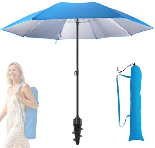 Menz Sonnenschirm Strand UPF 50, Ø 180 cm, Fb. Blau | UV Sonnenschutz Strand, Strandschirm, Sonnenschirm mit Schutzhülle, Strandschirm windfest stabil
