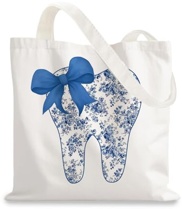 Joalpysm Chinoiserie Stoffbeutel, Stoffbeutel Bedruckt mit Blumenmuster und Zahnmotiv, Stofftasche mit Doppelseitigem Druck, Canvas Tote Bag, Zahnarzt Geschenke für Zahnärzte und Zahnmediziner