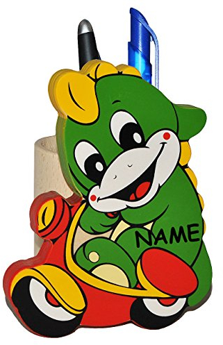 Stiftebox/Stiftehalter/Stifteköcher - großer Dinosaurier/Krokodil/Drache/Dino mit Roller - aus Holz incl. Namen - Butler für den Schreibtisch - Stif..