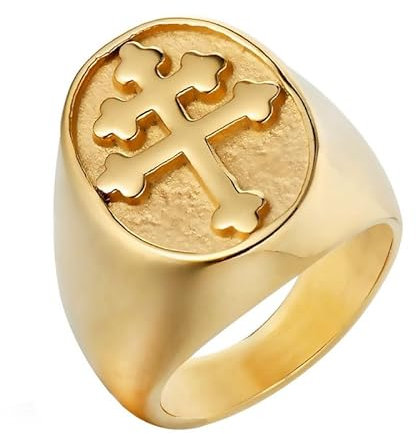 BOBIJOO JEWELRY - Bague Chevalière Homme Croix de Lorraine Patriarcale Acier Inoxydable Plaqué Or - 21,6 (12 US)