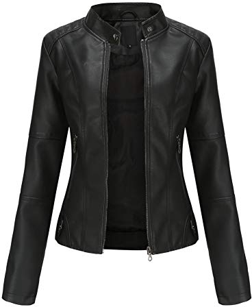 E-girl Damen Schwarz Kunstleder Motorrad Jacke Lederjacke Schlank Reißverschluss Stehkragen Kurz Mantel,38,PN767