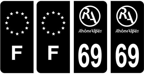 HADEXIA Nummernschild-Aufkleber, französisches Departement 69 Rhône, alte Region Rhône Alpes Schwarz & F France Europe
