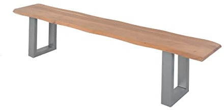 SAM Esszimmerbank 220x42 cm Chicago, Akazienholz naturfarben, Massive Holzbank mit echter Baumkante, Baumkantenbank mit U-Gestell Silber, Sitzbank mit 26 mm Platte