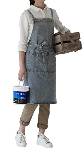 Pincy Jeansschürze mit Kreuzrücken, Unisex, verstellbare Latzschürze mit Taschen für Kochen, Küche (XL-Hellblau)