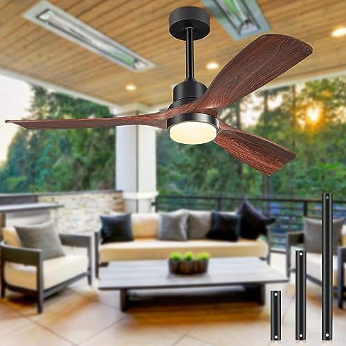 Ceiling Fans with Lights and Remote, 52 Inch Outdoor Ceiling Fan for Patios with Light 3 Downrods, 3 Blades Modern Ceiling Fan Noiseless Reversible DC Motor, Wood Ceiling Fan for Farmhouse Home Office