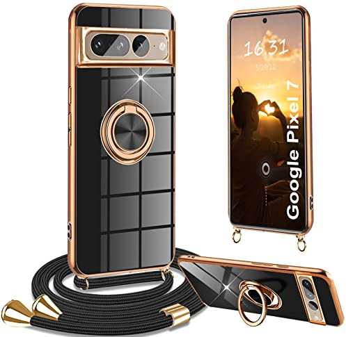 Yutwo Hülle Google Pixel 7 mit Band, Handyhülle Google Pixel 7 mit Band 360° Halter Ständer Kratzfest Silikon Handykette Google Pixel 7 Stoßfeste Schutzhülle für Google Pixel 7, Schwarz