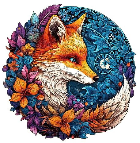 Blumuze Holzpuzzle Erwachsene,Mysteriöser Fuchs Holzpuzzle Einzigartige Tierform Puzzleteile,Holz Puzzle,Puzzle aus Tierteilen, Puzzle Holz Erwachsene mit Geschenkbox aus Holz 100 Stück(S-21.6*20.3cm)