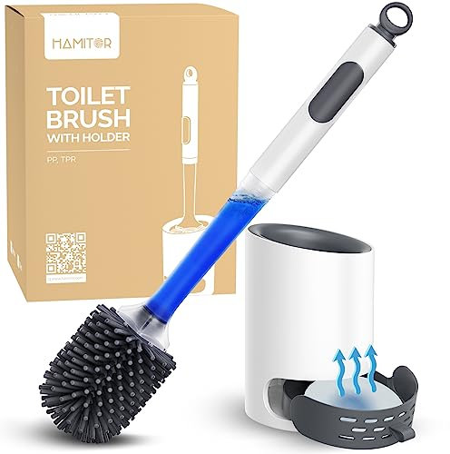HAMITOR Toilet Bowl Brush Holder Set: Silicone Toilet Brush with Refillable Handle Dispenser - Bathroom Scrubber Rv Cleaner Toilet Brush with Caddy - Deep Cleaning Bathroom Scrub Brush