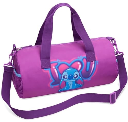 Disney Borsone da Palestra per Bambini, Borsa Sportiva 40 x 20 x 20 cm, 2 Tasche Laterali, Tracolla Lunga, Chiusura Zip (Viola Stitch)