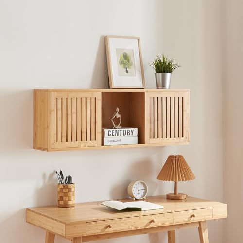 [en.casa] Étagère Murale Style Scandinave avec 2 Portes Coulissantes Armoire Murale Design pour Salon Chambre Bureau Entrée Salle de Bain Bambou 93 x 20 x 33 cm Naturel