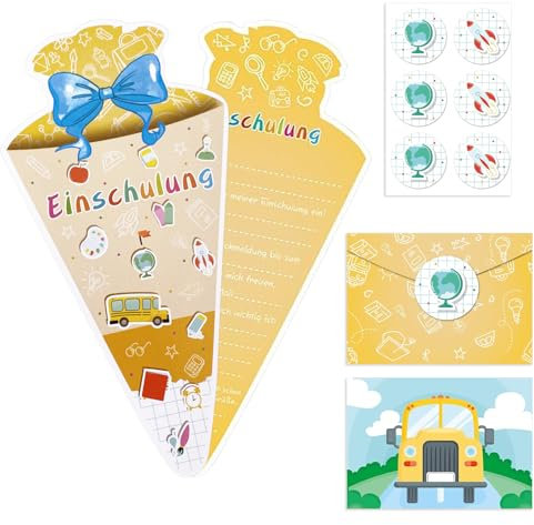 BURGEON 12 Stück Einschulung Einladungskarten Jungen Mädchen, Schulanfang Schulbeginn mit 12 Umschlägen, Zuckertüte Geformte Einschulung Karten für Kinder Junge und Mädchen Schulkind Einschulungsfeier