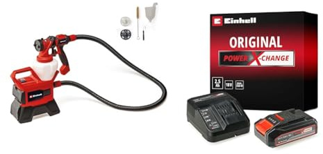 Einhell Pulvérisateur de Peinture sans Fil Te-SY 18/90 Li-Solo Power X-Change (18V, débit 1 000 ML/Min, réservoir 1 200 ML, débit d’air/quantité de Peinture réglables) avec Chargeur et Batterie 2,5Ah