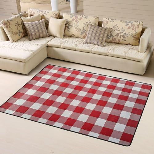 Mexpekil Teppich, kariert, 120 x 160 cm, rutschfest, für Wohnzimmer, Schlafzimmer, waschbar, große Matte, moderne Heimdekoration für drinnen und draußen, Rot / Weiß