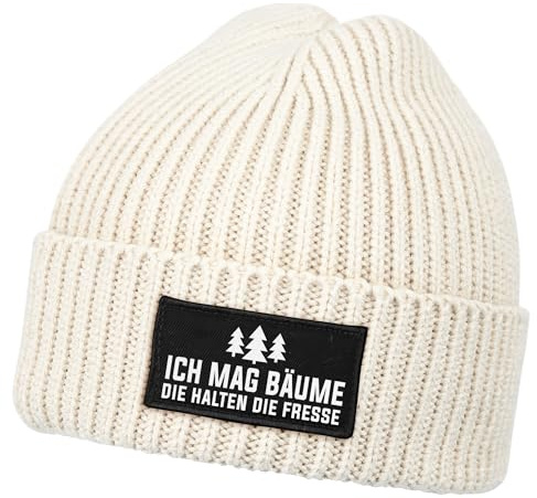 MoonWorks® Herren Beanie mit Patch Strickmütze mit Spruch Ich mag Bäume -die halten die Fresse Aufdruck Lustig Mütze Männer