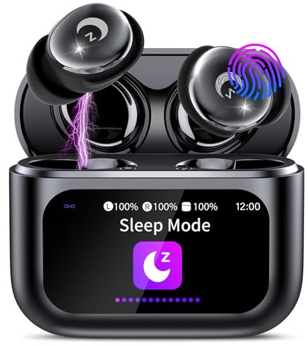 VEKJ Wireless Earbuds with Smart Touch Screen, Mini Sleep Earbuds Bluetooth 5.4 Headphones In Ear with Noise Cancelling Mic Black