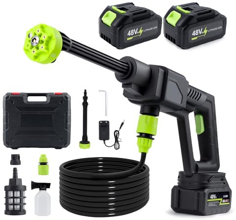 Akku Hochdruckreiniger,Max.40Bar,48V,6L/Min,Mobiler Hochdruckreiniger mit 2 x 10000mAh Wiederaufladbarem Akkus,6-in-1-Düse,Schaumsprüher und 5M Schlauch,Cordless Pressure Washer für Autos,Zäunen,Böden