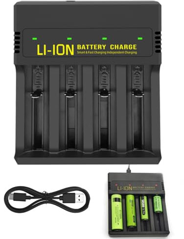 Universal 18650 Battery Charger 4 Slots, USB-C Fast Charging for AA AAA 18650 21700 Li-ion Ni-MH Ni-CD Rechargeable Batteries Lithium-ion Independent Slot with LED Indicator Discharge Function