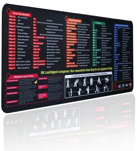 Mousepad Excel Shortcuts Deutsch 800x300x 2mm mit Excel Tastaturkürzeln | Für Office, Word PPT Windows, HD-Druck, Rutschfeste Basis, Glatte Gewebeoberfläche, Wasserdicht, leicht zu reinigen