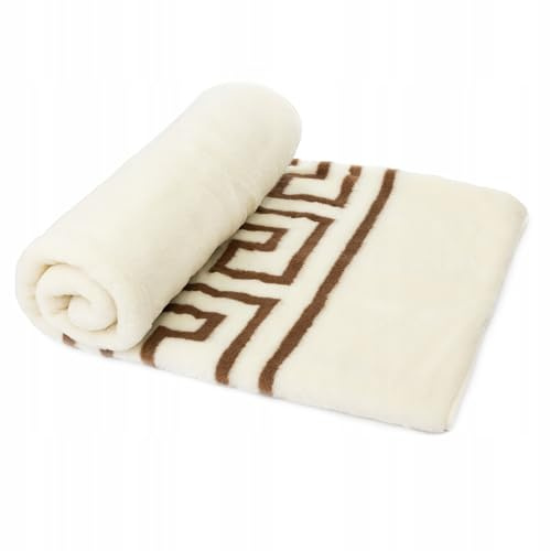 Wool & Home Merino Wolldecke 240x200 cm – Kuscheldecke aus 100% Merinowolle, Cremefarbene Decke mit Brauner Griechischer Mäander-Bordüre – Gewicht 500 g/m² – Atmungsaktiv und Langlebig