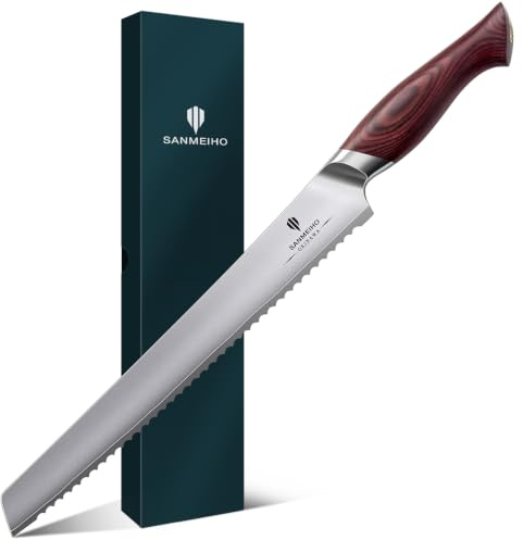 SANMEIHO Brotmesser 25cm Japanisches Sägemesser Kuchenmesser Brotschneider | Rostfreier 10Cr15MoV Kohlenstoffstahl-Kern, Ergonomischer Pakkaholz-Griff, Scharfe Sägezahn-Klinge für Brot