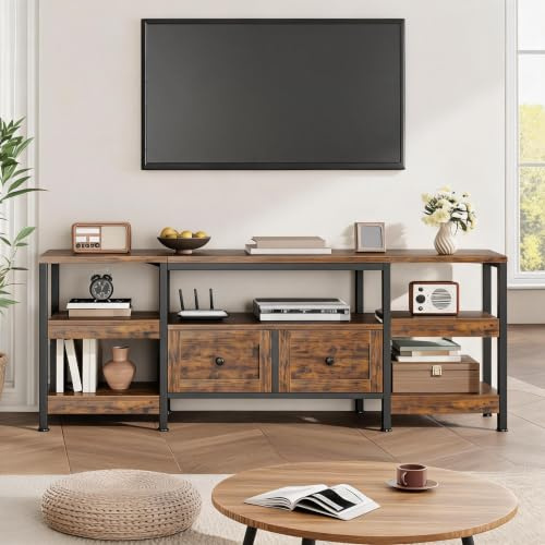 GarveeMore Meuble TV Industriel 180 cm rétro – Console multimédia pour Salon – 2 tiroirs, étagères Ouvertes, Structure métallique, Rangement Pratique – pour TV jusqu'à 80 Pouces, Coloris rétro, 1,8