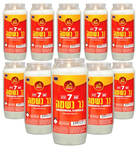 Ner Mitzvah 7 Day Yartzeit Candle - 10 Pack Kosher Yahrtzeit Memorial and Yom Kippur Candle in Plastic Holder