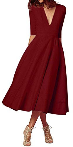 CARINACOCO Donna Vestiti Lunghi da Matrimonio Elegante Collo V Vestito A Pieghe Skater Abito Maxi Damigella Sera Cerimonia Inverno Vino Rosso XXL