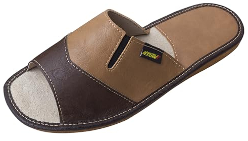 APREGGIO - Ciabatte Estive da Uomo in Pelle Liscia - Pantofole Casa Uomo - Punta Aperta - Slip-On - Suola Piatta - Leggere - Marrone - Taglia 42 EU
