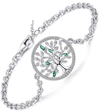 Frauen Baum des Lebens Armband, 925 Sterling Silber Armband Charm Chain mit Zirkonia & Smaragd, verstellbare Verbindung Baum Armband Schmuck Geschenk für Frauen (Mit feiner Schmuckschatulle))