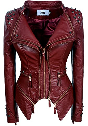 SX Damen Bikerjacke mit Nieten und perfekt formenden Kunstleder - Rot - X-Large