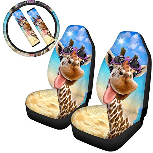 chaqlin 5 STK. Funny Giraffe Autositzschutz für Universal Fit Autositzbezüge Protector für PKW LKW Offroad Fahrzeug Vordersitzbezug Streering Radbezug, Gurtpolster, Fit Cars SUV Van Trunks