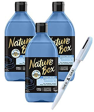 3 x Nature Box Duschgel mit kaltgepresstem Kokosnuss-Öl 250 ml + Gratis DIES&DAS Kugelschreiber