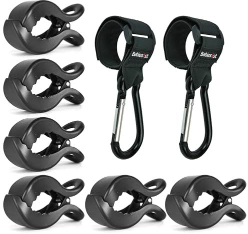 Babies1st Spar Set: Kinderwagen Klammer 6-er Set, Schwarz Matt und rutschfeste Kinderwagen Karabiner mit Premium Klettverschluss (2-er Set)