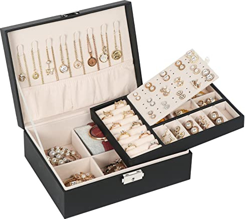 Schmuckkästchen für Frauen und Mädchen, 2-lagiger Schmuck-Organizer mit Schloss, PU-Leder-Aufbewahrungsbox mit herausnehmbarem Tablett, Schmuckhalter für Halsketten, Ohrringe, Ringe, Uhren – Schwarz