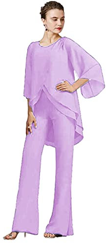 CY - Traje de 2 piezas para madre de la novia, vestido elegante con cuello de joya, longitud hasta el suelo, pantalones de gasa, trajes de manga larga, Lila, 50