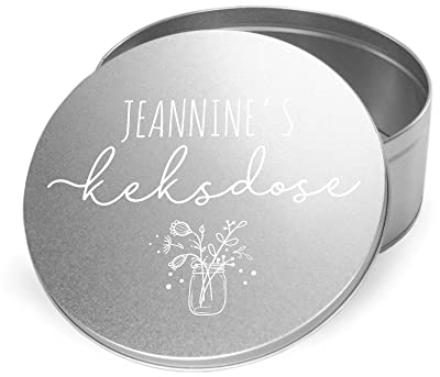 GRAZDesign Keksdose personalisiert mit Namen, Geschenkdose Rund - Personalisiertes Geschenk - Geschenkidee - Vorratsdose - Plätzchendose - Metalldose (Schrift zart mit Blumen)