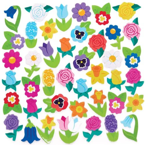 Baker Ross FC747 Frühlingsblumen Moosgummi Sticker - 200 Stück, Großpackung Blumen Schaumstoff Aufkleber für Kinder zum Basteln, Gestalten und Dekorieren