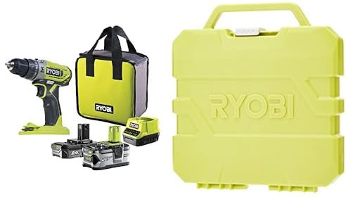 RYOBI - Perceuse-Visseuse à Percussion 18V ONE+ - 2 Vitesses - Livrée avec 1 Batterie Lithium+ 2,0Ah et 1 Batterie Lithium+ 4,0Ah, 1 Chargeur et 1 Sac de Rangement - R18PD2-242S & - Mallette 127 acces
