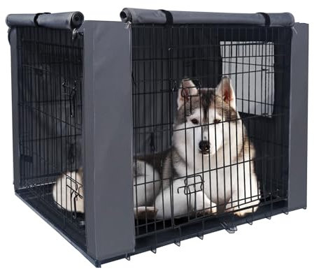 PETKEI Dog Crate Cover XXL – Waterproof 600D Oxford Dog Cage Cover for 1 & 2 Door Wire Crates, Breathable Mesh Window, Pocket & Blackout Design for Calming Comfort (Cover Only, 48 Inch / 122 cm)