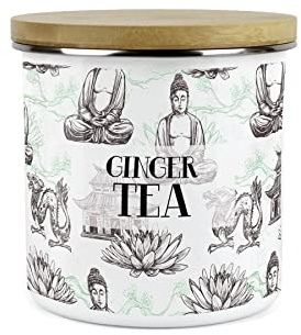 Purely Home Asian Scenes Ginger Tea Canister - White Metal Enamel Kitchen Food Storage Container