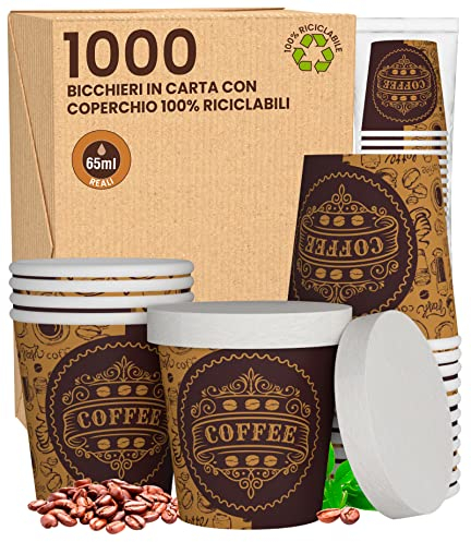 1000 vasos de papel para café de 65 ml para llevar pubcup, con tapa de papel, vasos ecológicos, biodegradables, desechables, pequeños, bebidas calientes + 1000 tapas
