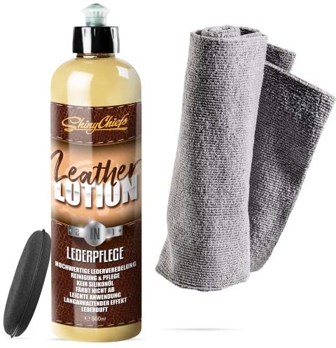 ShinyChiefs Leather Lotion 2in1 Lederpflege Set - Premium Lederreiniger und -Pflege für den Auto-Innenraum - Silikonölfreie, Nicht abfärbende Lederveredelung - mit Applikator & Mikrofasertuch, 500ml