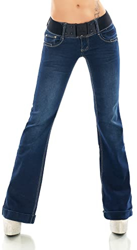 Damen Hüft Bootcut Jeans Hose Schlag Flarecut Stretch Denim Umschlagsaum Gürtel