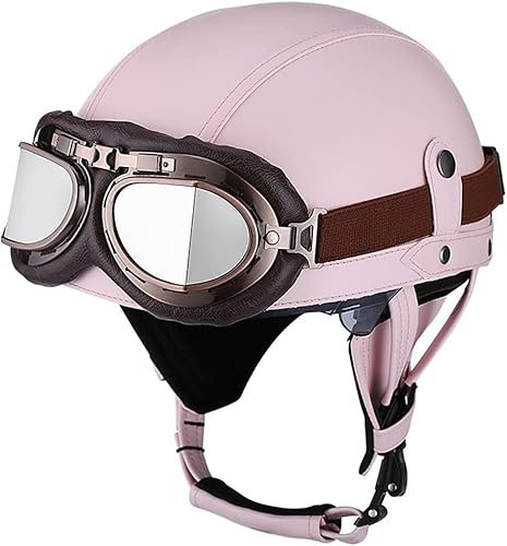 Deutschen Retro Motorrad PU Leder Helm Open Face Motorradhelm mit Schutzbrille ECE-Zulassung Motorradkreuzer-Rollerhelm im Scooter Mofa-Helm Vintage Jethelm für Herren Damen Pink,S