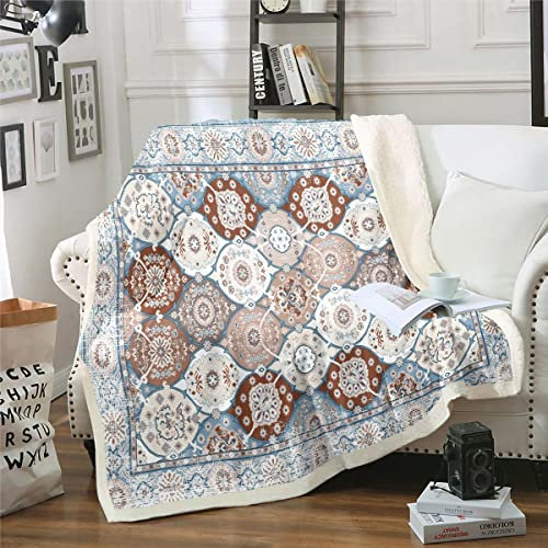 Homewish Persische Sherpa Decke Oriental Decke, Vintage Floral Wurf Decke für Stuhl 130x150cm Retro Tribal Muster Vlies Decke, Traditionelle Boho Plüsch Decke Blau Ästhetische Mandala Dekorative