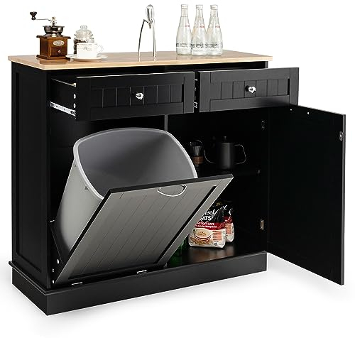 TANGZON Tilt Out Trash Can Cabinet, 2-Door Sideboard with Trash Bin Hamper, Rubber Wood Countertop & Drawers, Freestanding Pet Proof Laundry Cabinet Storage Cupboard, Bin Not Included (Black)