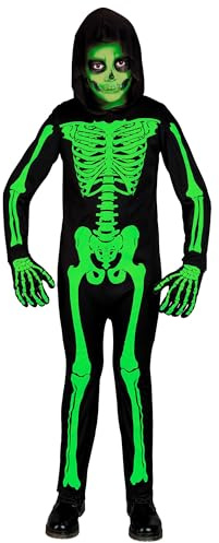 W WIDMANN MILANO Party Fashion - Kinderkostüm Skelett, Overall mit Kapuze, weiß, leuchtet unter UV-Licht, Halloween Verkleidung