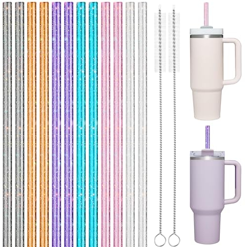 NiHome 12er Set Glitzer Trinkhalme für Stanley 40oz Tumbler, BPA-frei, langlebiges PETG, inkl. 2 Reinigungsbürsten, kompatibel mit Stanley 20/30/40 oz