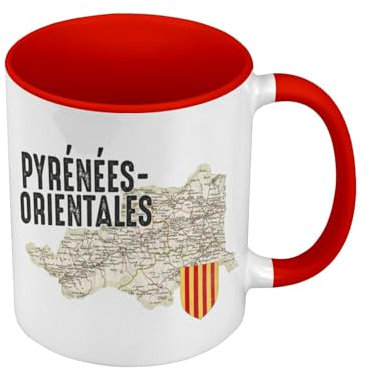 Mug de Couleur Qualité Premium Rouge - Pyrénées Orientales 66 Département Perpignan Carte Ancienne - Tasse avec anse et intérieur de couleur