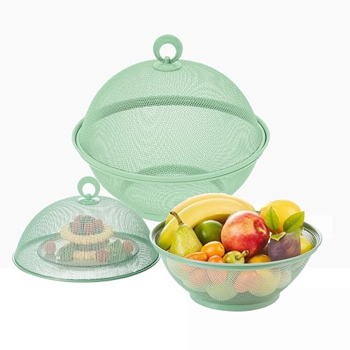 Cesta de frutas con tapa, cuenco de frutas, cestas de malla de metal, cesta de alambre cubierta para frutas, verduras, aperitivos, (2 cestas de frutas + 2 tapas; 4 piezas en total), color verde claro